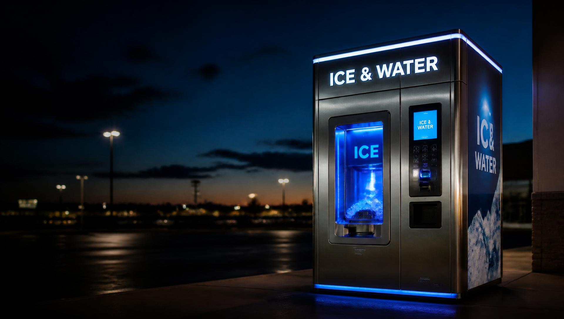 Ice and water vending machine at dusk