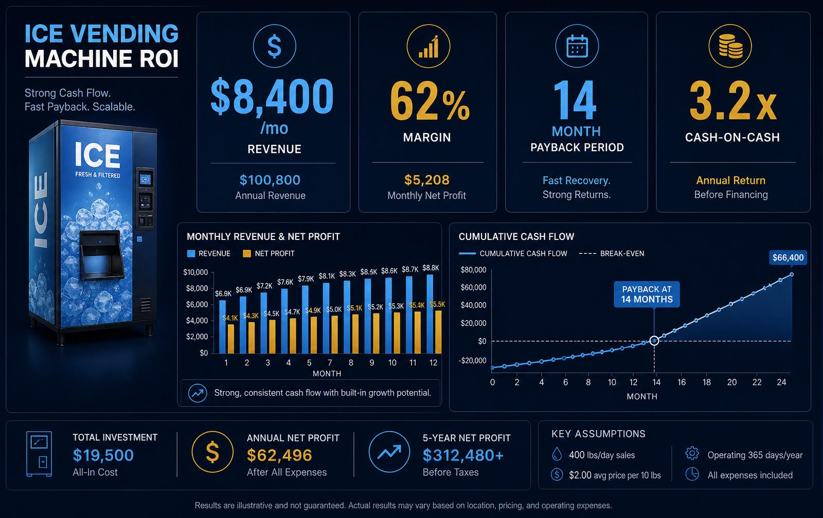 Ice vending ROI snapshot: revenue, margin, payback, cash-on-cash